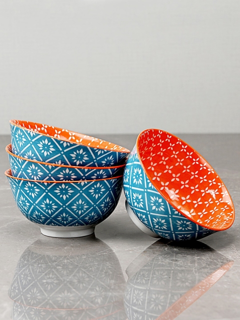 

Pure Home and Living Blue & Orange 4-Pieces Printed Porcelain Bowls Set