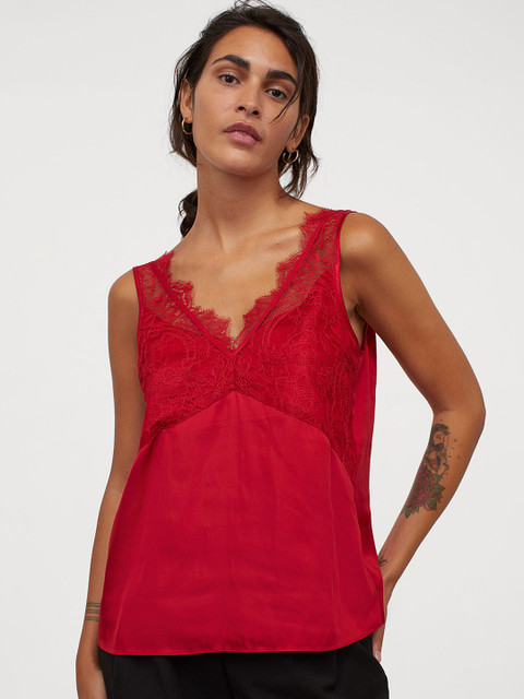 

H&M Women Red Lace-Detail Satin Top