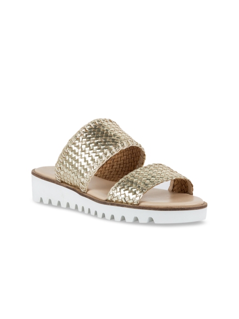 

Vanilla Moon Women Gold-Toned Woven Design Leather Open Toe Flats