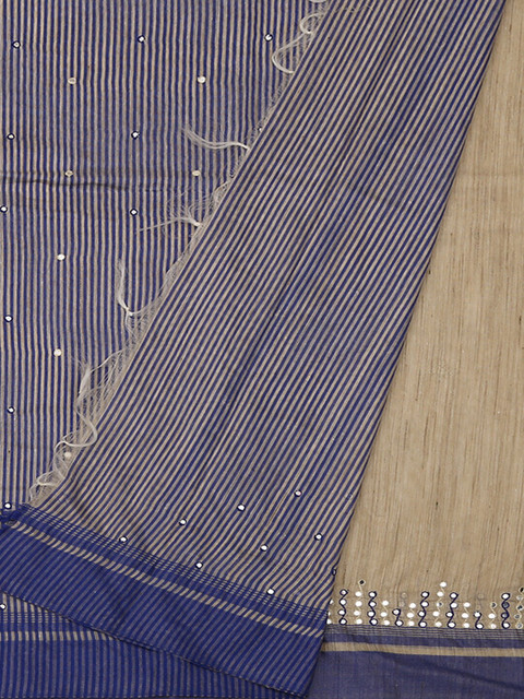 

Pothys Cream-Coloured & Blue Cotton Blend Striped Saree