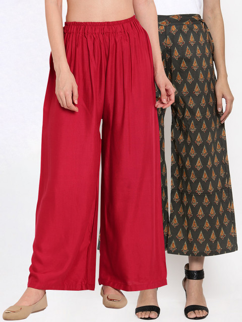 

TAG 7 Women Set Of 2 Maroon & Grey Printed Wide Leg Palazzos