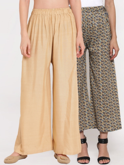 

TAG 7 Women Pack Of 2 Beige & Off-White Printed Flared Palazzos