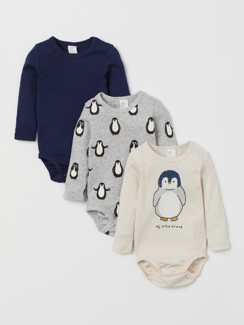 

H&M Boys Printed 3-Pack Cotton Bodysuits, Blue