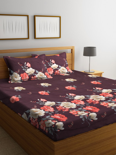 

DREAM WEAVERZ Purple & Orange Floral 250 TC Cotton 1 King Bedsheet with 2 Pillow Covers