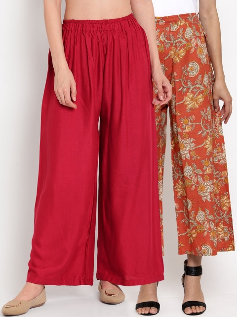 

TAG 7 Women Pack Of 2 Maroon & Peach-Coloured Printed Flared Palazzos
