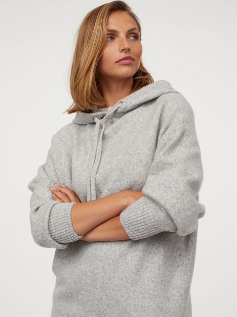 

H&M Women Grey Solid Knitted Hooded Dress