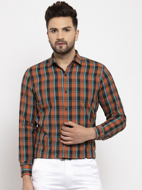 

JAINISH Men Orange & Navy Blue Regular Fit Checked Formal Shirt