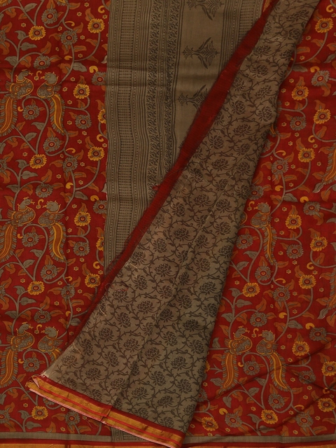

Pothys Maroon & Grey Cotton Blend Printed Chanderi Saree