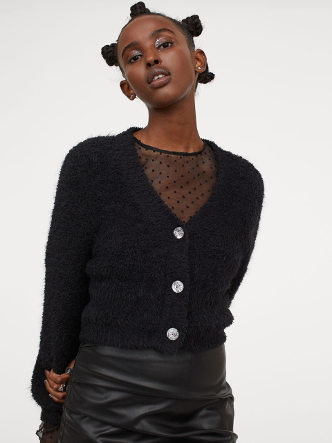 

H&M Women Black Solid Short Cardigan