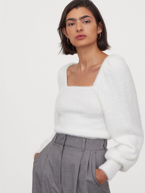 

H&M Women White Puff-Sleeved Fluffy Jumper