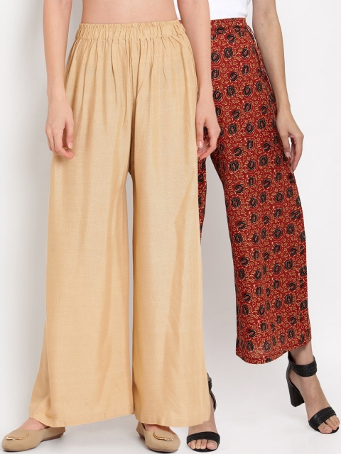 

TAG 7 Women Pack Of 2 Beige & Red Printed Flared Palazzos