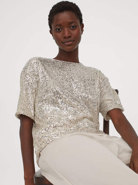 

H&M Women Silver-Coloured Sequined Top