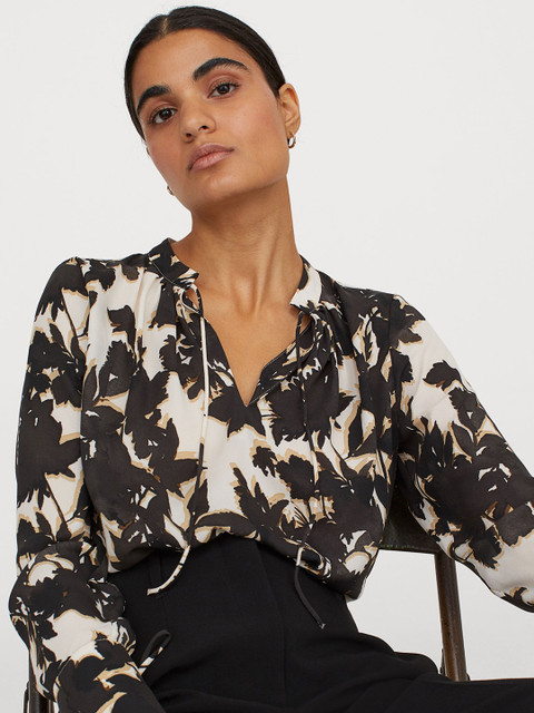 

H&M Women Black & Off-White Tropical Print Tie-Detail Blouse