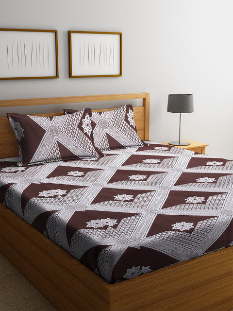 

DREAM WEAVERZ Coffee Brown & White Abstract Printed 250 TC Cotton 1 Superfine King Size Bedsheet With 2 Pillow Covers
