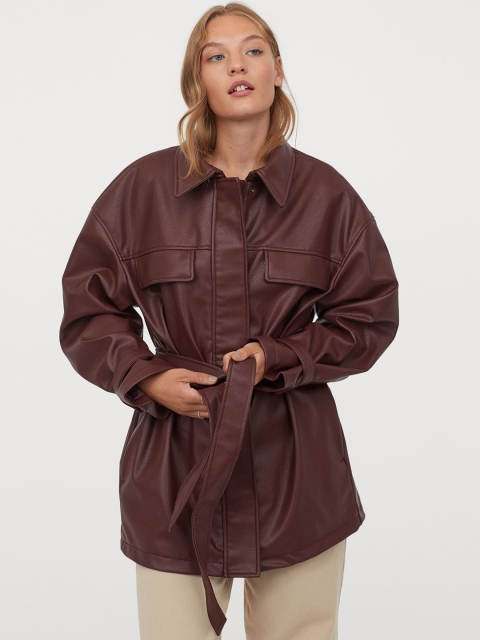 H&M Women Brown Solid Imitation Leather Jacket