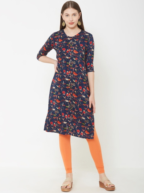 FASHOR Women Blue & Pink Floral Printed Straight Kurta