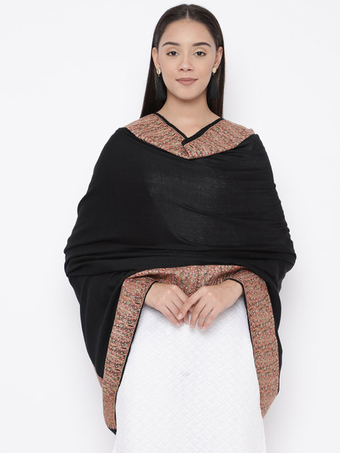 

Pashmoda Women Black Solid Kashmiri Sozni Embroidered Woolmark Certified Pure Wool Shawl