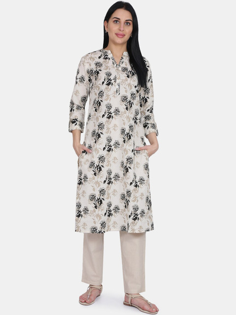 

Be Indi Women White & Green Printed A-Line Kurta