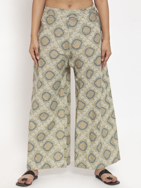 

TAG 7 Women Olive Green Bandhani Printed Flared Palazzos