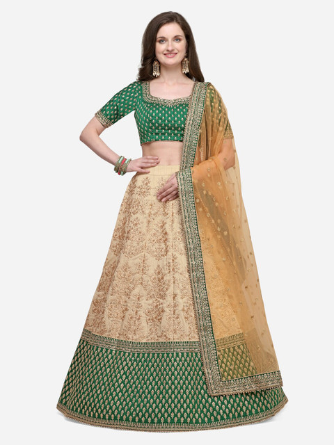 

NAKKASHI Champagne & Green Embroidered Semi-Stitched Lehenga & Unstitched Blouse with Dupatta