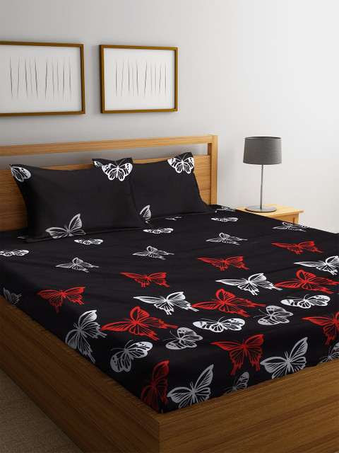 

DREAM WEAVERZ Black & Off-White Abstract 250 TC Cotton 1 King Bedsheet with 2 Pillow Covers