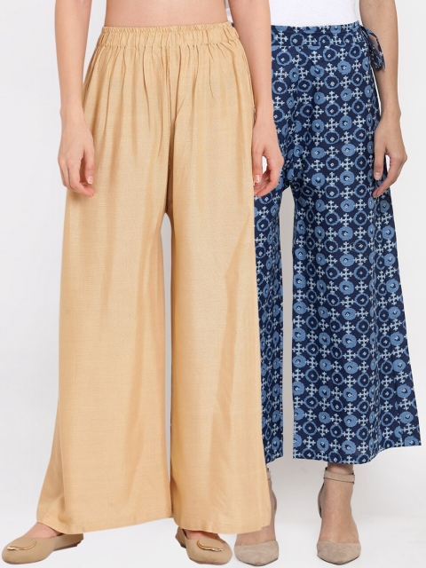 

TAG 7 Women Pack Of 2 Beige & Blue Printed Flared Palazzos