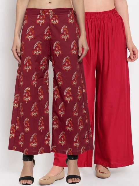 

TAG 7 Women Pack Of 2 Maroon & Off-White Printed Flared Palazzos