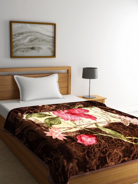 NEUDIS Brown & Cream-Coloured Floral Heavy Winter 720 GSM Single Bed Blanket