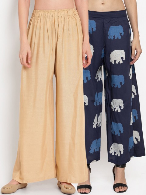 

TAG 7 Women Pack Of 2 Beige & Navy Blue Printed Flared Palazzos