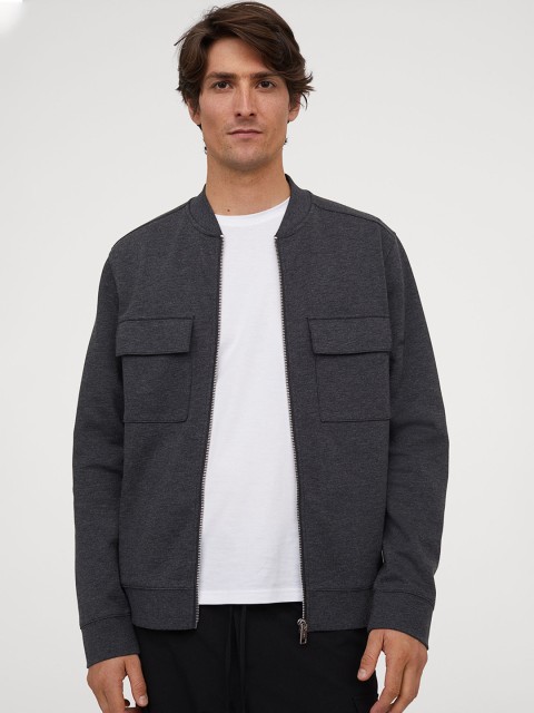 

H&M Men Grey Solid Jersey Bomber Jacket