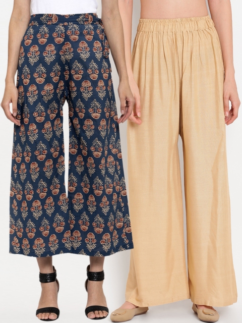 

TAG 7 Women Pack Of 2 Beige & Navy Blue Printed Flared Palazzos