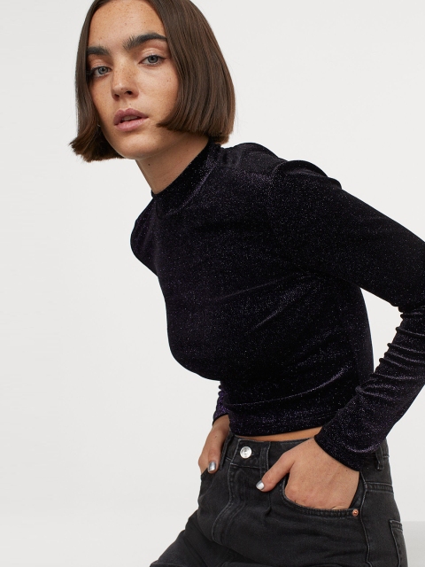 

H&M Women Black & Purple Velour Top