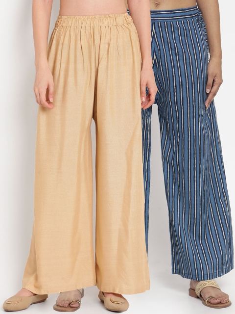 

TAG 7 Women Pack of 2 Beige & Blue Wide Leg Palazzos