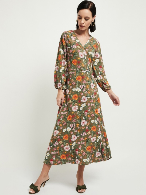 

max Women Olive Green & Orange Floral Print A-Line Dress