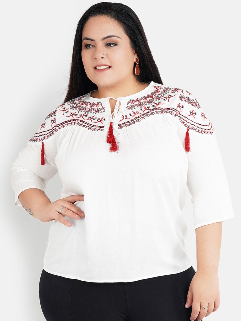 Indietoga Women White & Red Embroidered Plus Size Top