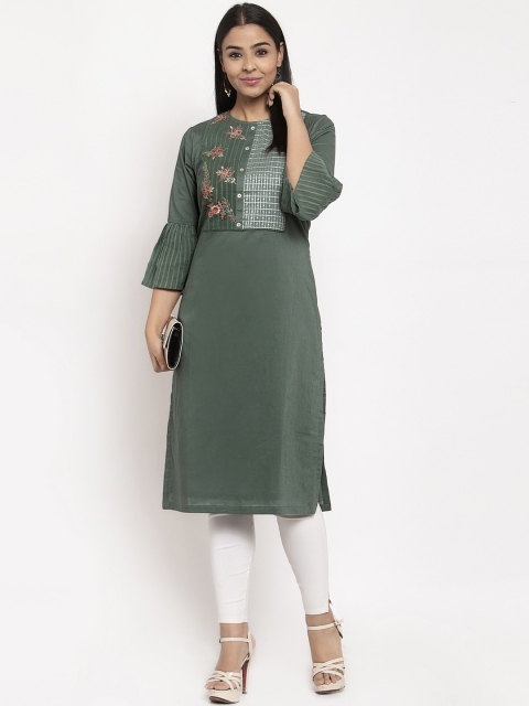 

Aujjessa Women Olive Green Embroidered Straight Kurta