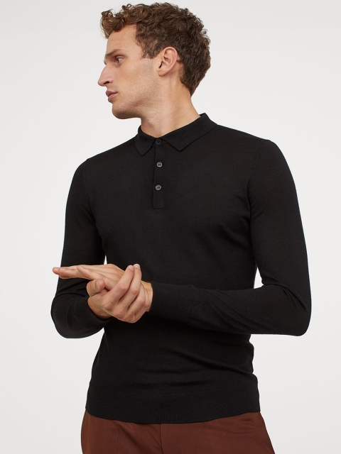 

H&M Men Black Wool Polo Shirt Muscle Fit