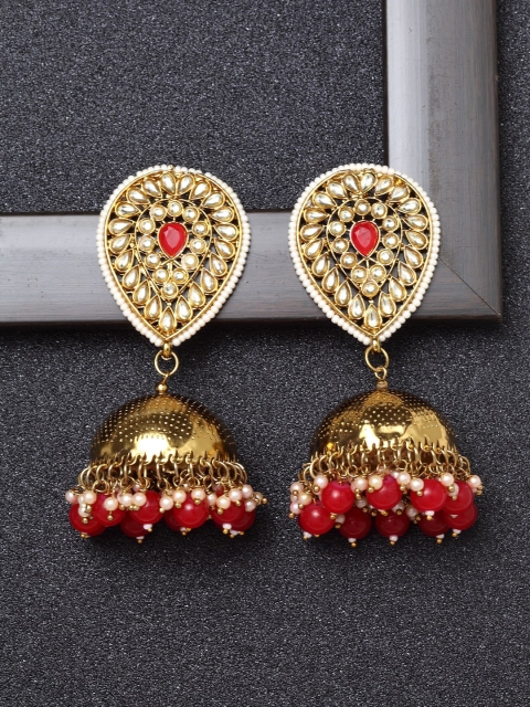 

Ibtida Gold-Plated & Red Teardrop Shaped Jhumkas