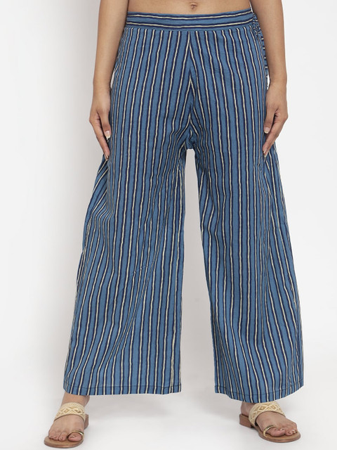 

TAG 7 Women Blue Striped Flared Palazzos