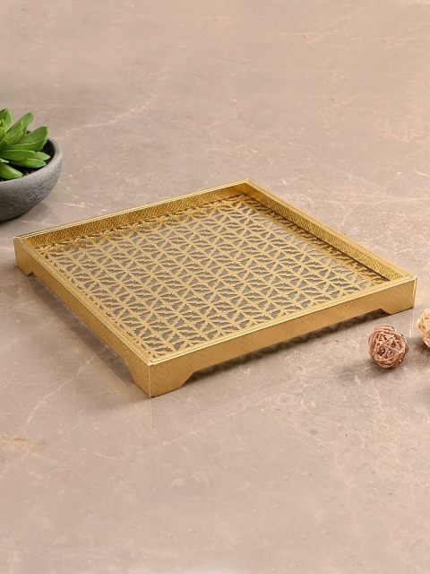 

Pure Home and Living Unisex Gold-Toned & Transparent Lattice Printed Square Platter