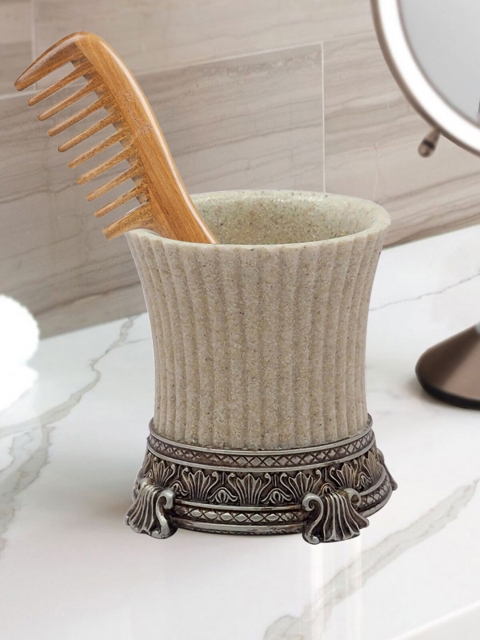

OBSESSIONS Beige & Silver Ethnic Motifs Polyresin Alvina Tumbler Bath Accessory