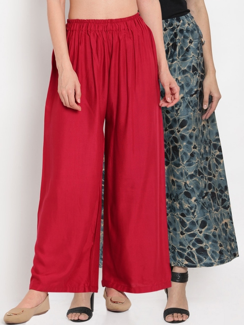 

TAG 7 Women Maroon & Navy Blue Printed Wide Leg Palazzos