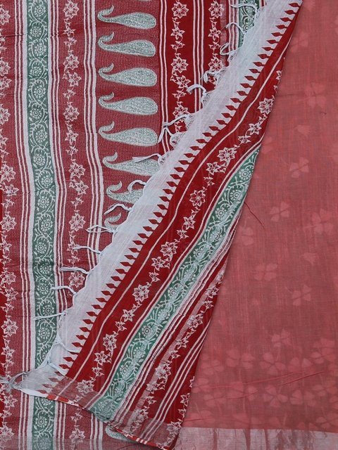 

Pothys Green & Red Linen Blend Printed Saree