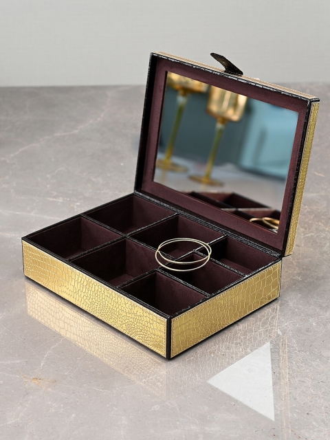 

Pure Home and Living Gold-Toned & Brown Croco Textured Mirrored Jewellery Box