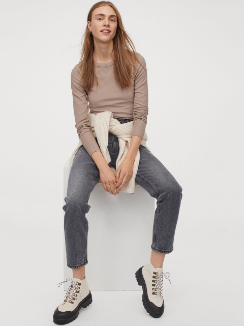 

H&M Women Beige Ribbed Modal-Blend Top