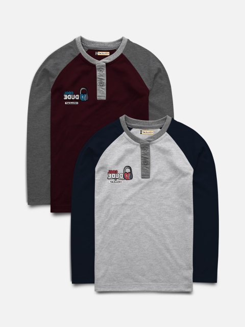

HELLCAT Boys Pack Of 2 Maroon & Grey Colourblocked Henley Neck T-shirts
