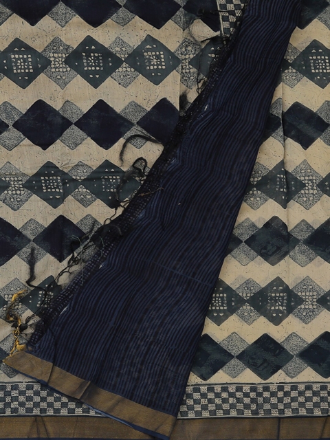 

Pothys Navy Blue & Grey Cotton Blend Printed Saree