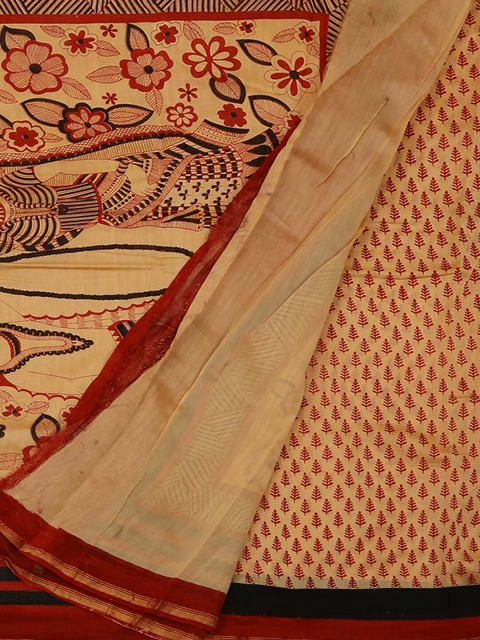 

Pothys Cream-Coloured & Red Cotton Blend Printed Chanderi Saree