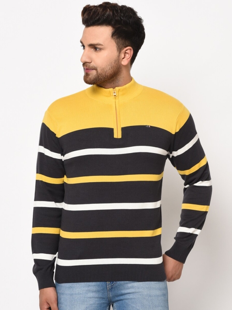 

98 Degree North Men Yellow Striped Pullover Sweater