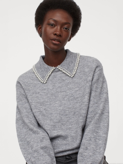 

H&M Women Grey Solid Collared Jumper